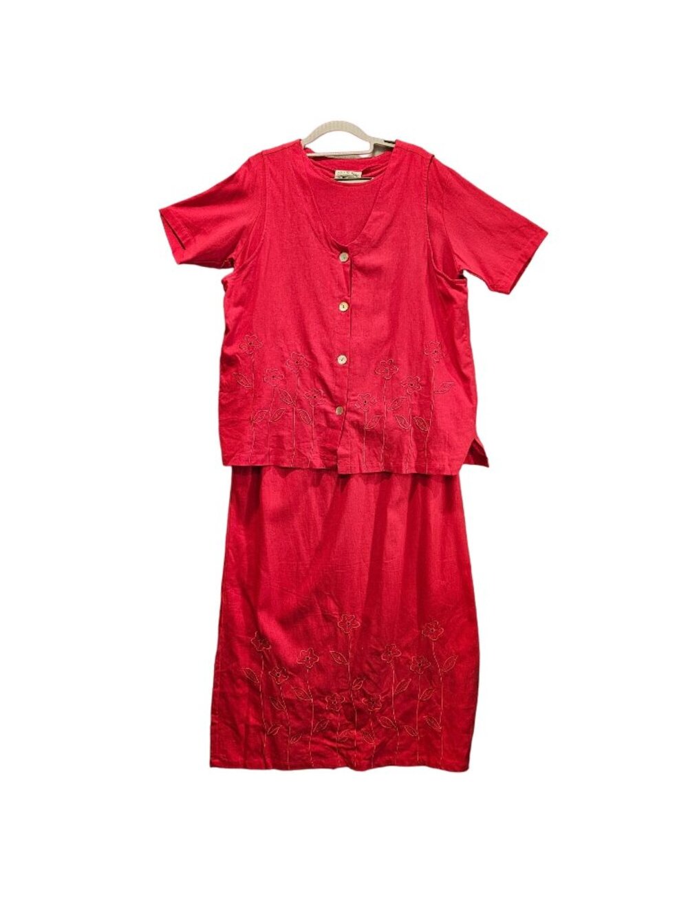 country wear casuals maxi skirt set womens L Pink linen shirt vest maxi skirt